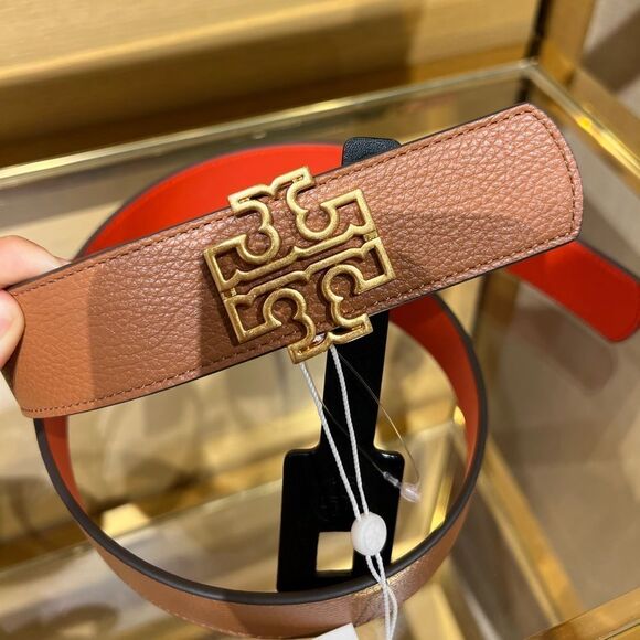 Tory Burch Accessories - Tory Burch Reversible Britten Logo Belt 11/2 Inch, Classic Tan / Poppy Red